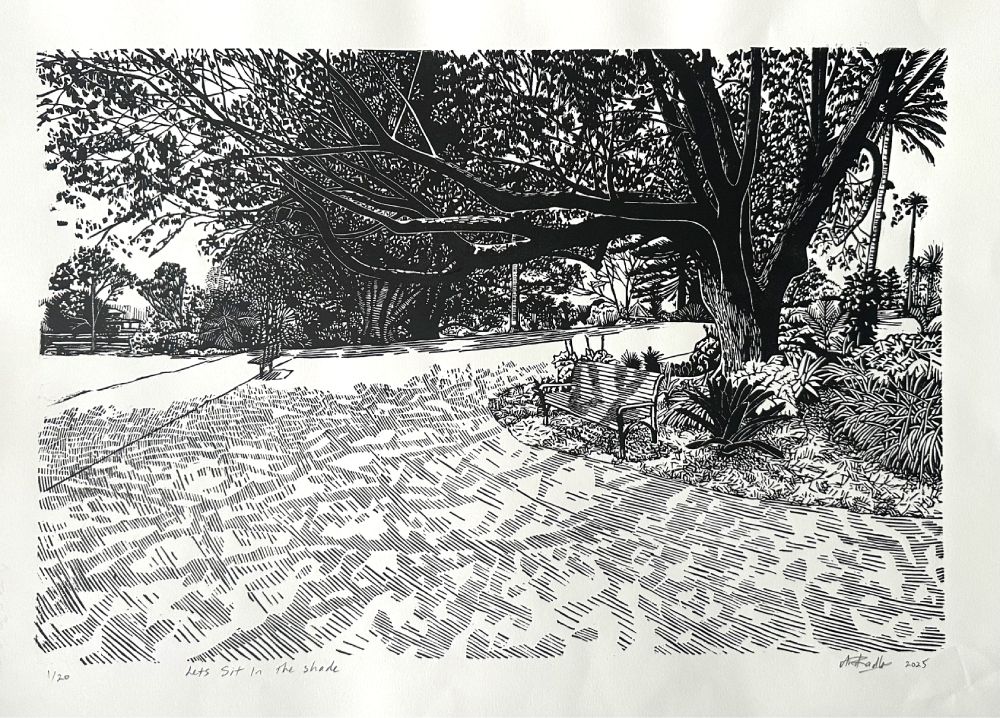 Lets sit in the shade - Linocut on Arches paper.