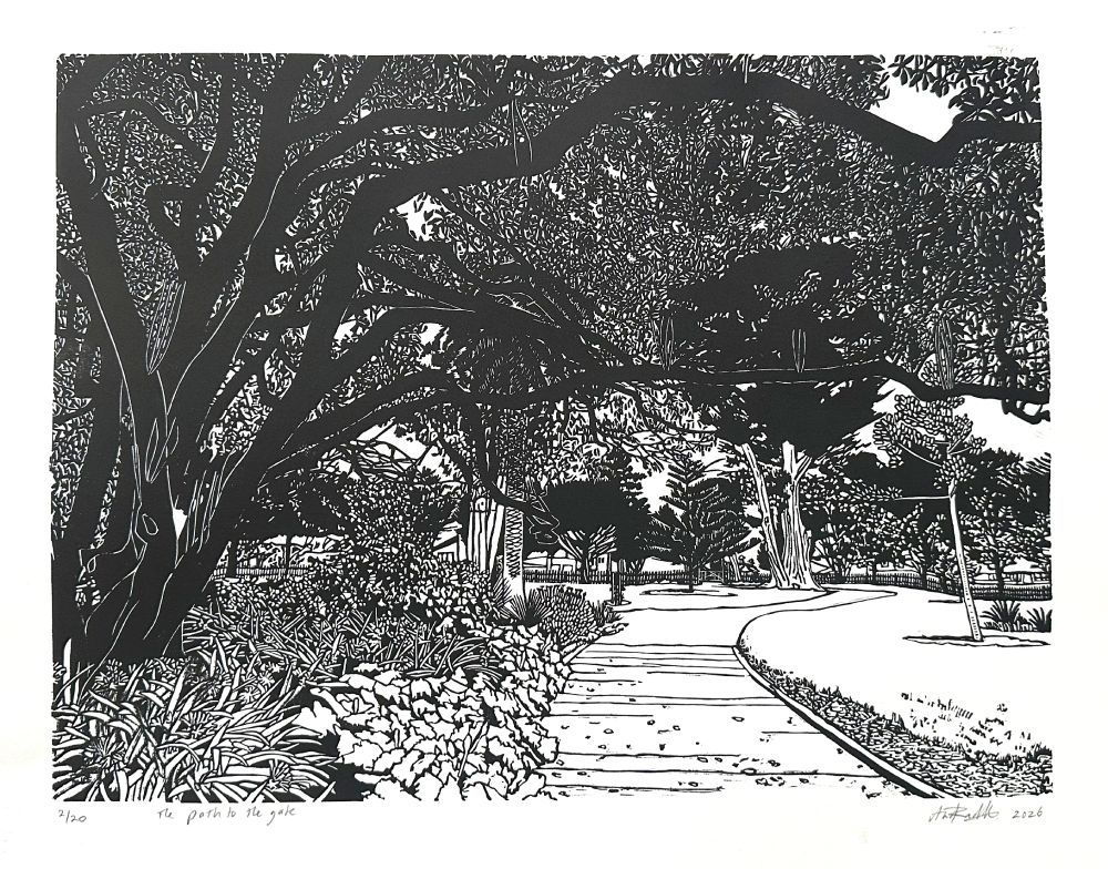 The path to the gate. Linocut on Arches paper