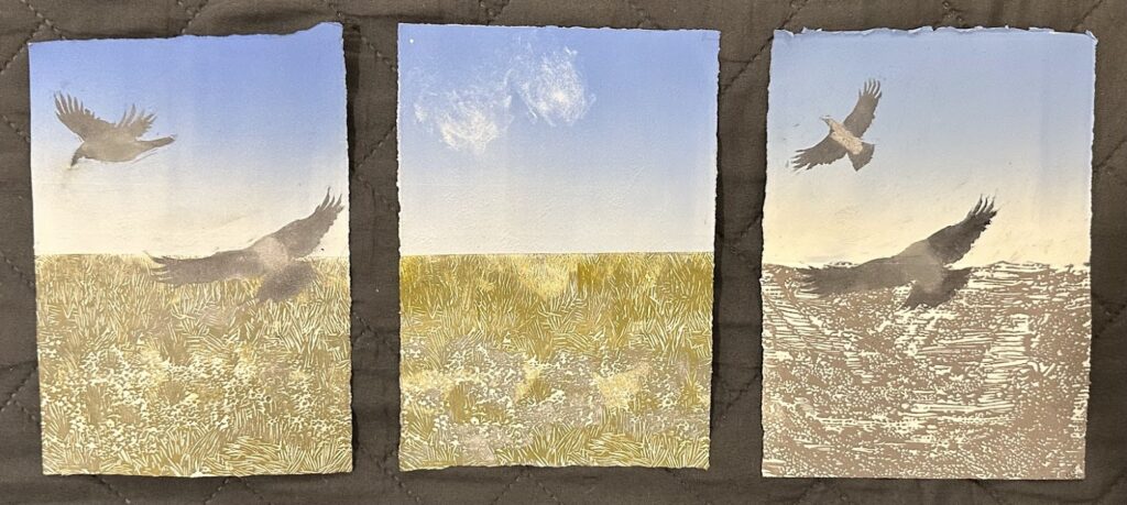 Linocut, hooded crows, colour linocuts, Dianne Fogwell