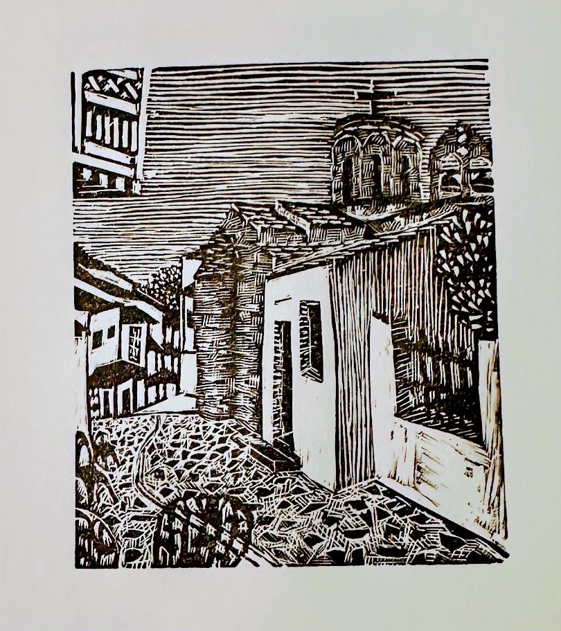 Wood engraving, Church in Skopelos Town.